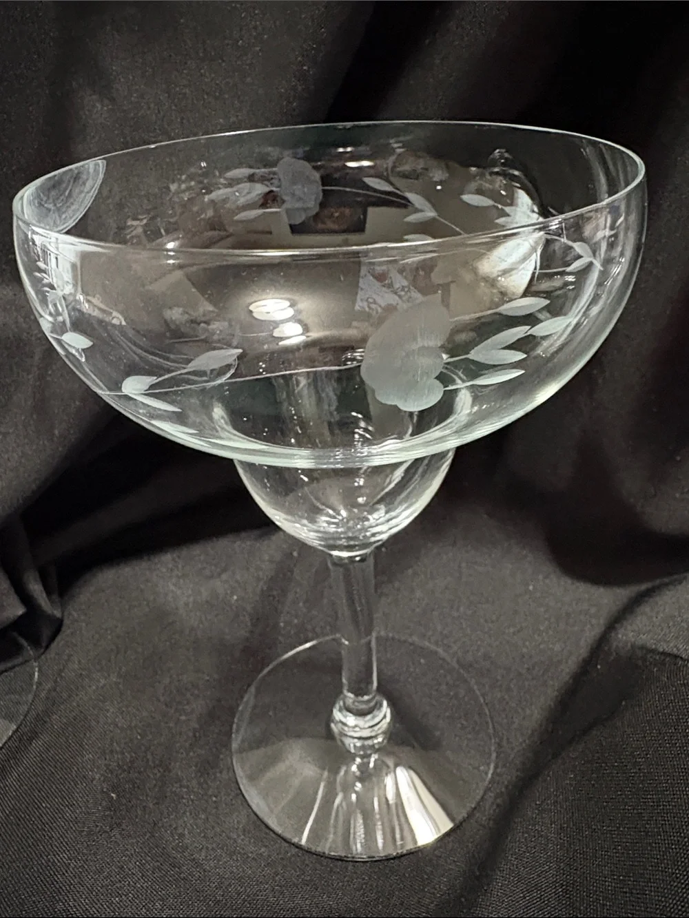 Princess House Heritage crystal margarita glasses featuring an etched floral